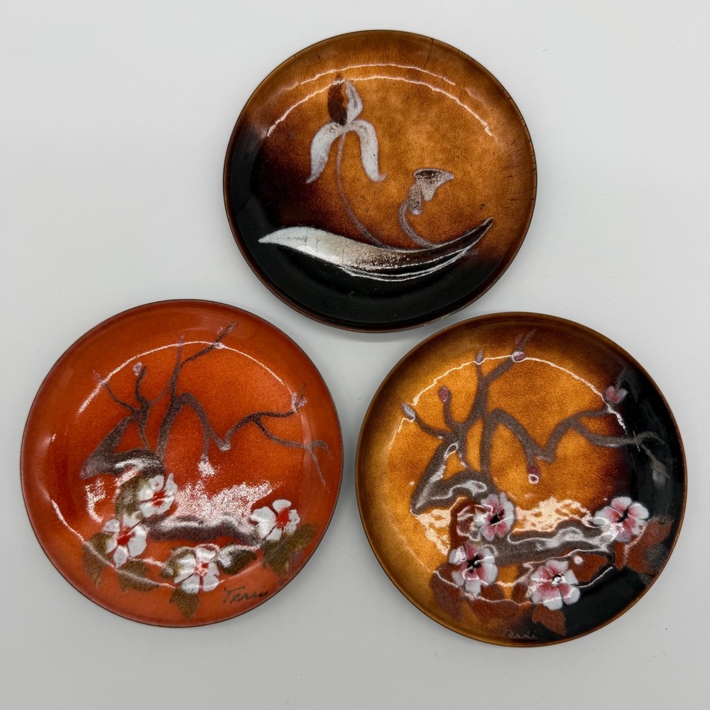 Vintage Bovano Cheshire Enamel Trinket Dish Set Signed Terri MCM Copper Decor